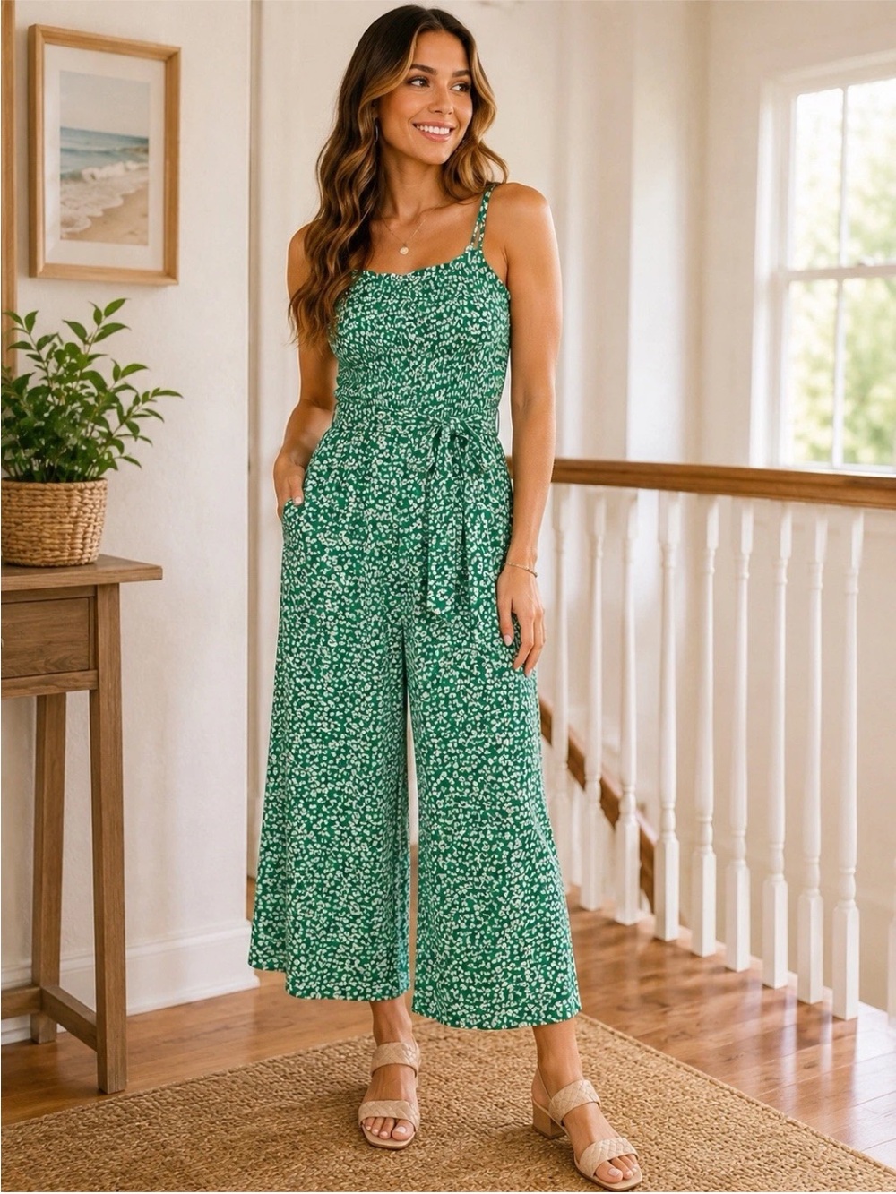 PatPat Green Floral Tie-Waist Wide-Leg Jumpsuit